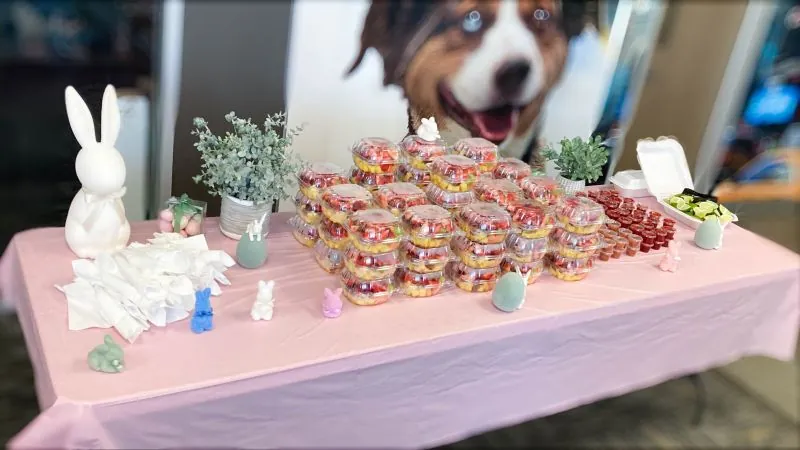 Easter treat table with fruit cups for the team