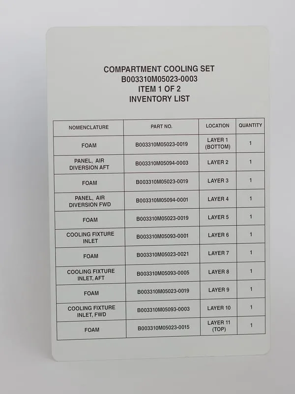 A Metalphoto compartment cooling set inventory list plate with part numbers and layer locations