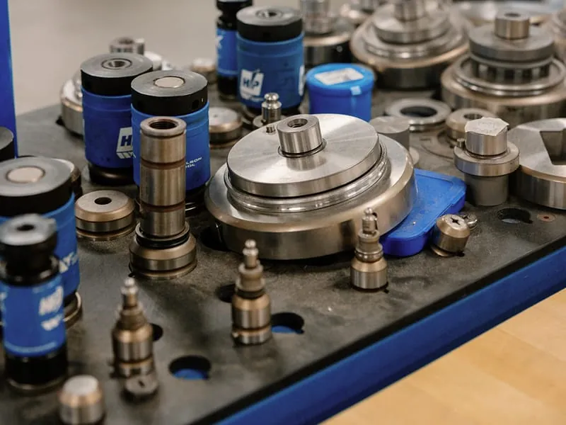 Punch and die tooling laid out on the tooling tray